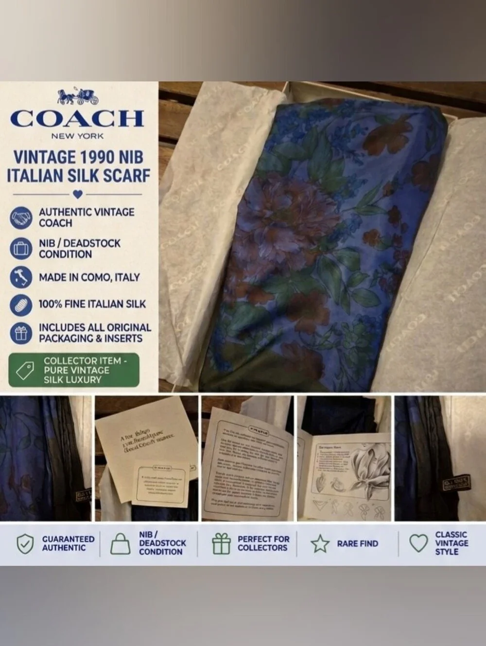 NIB Vintage 1990 Coach Italian Silk Scarf Floral Deadstock Box Inserts Rare